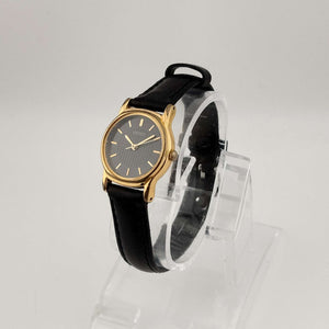 Seiko Unisex Gold Tone Watch, Black Circular Dial, Black Genuine Leather Strap