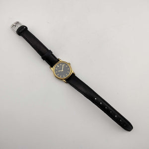 Seiko Unisex Gold Tone Watch, Black Circular Dial, Black Genuine Leather Strap