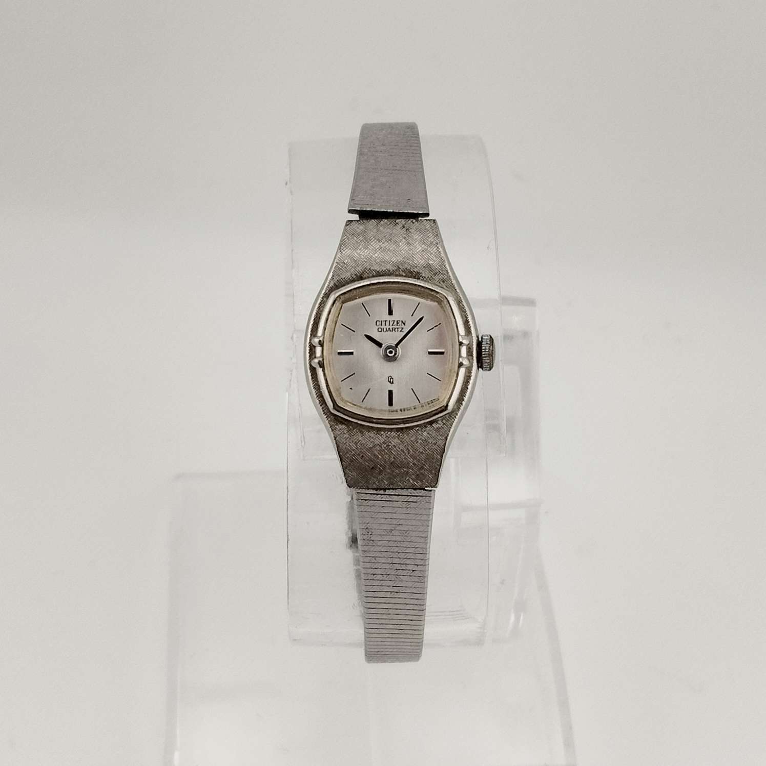 Citizen Petite Silver Tone Watch, Rounded Square Dial, Bezel Detail, Bracelet Strap