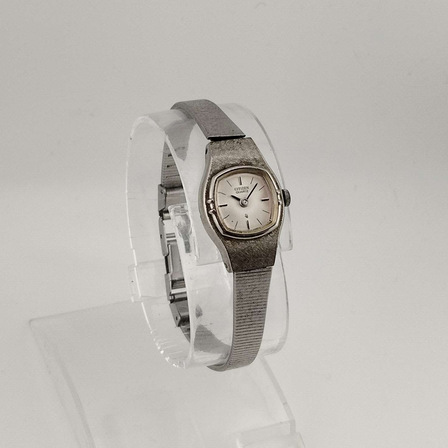 Citizen Petite Silver Tone Watch, Rounded Square Dial, Bezel Detail, Bracelet Strap