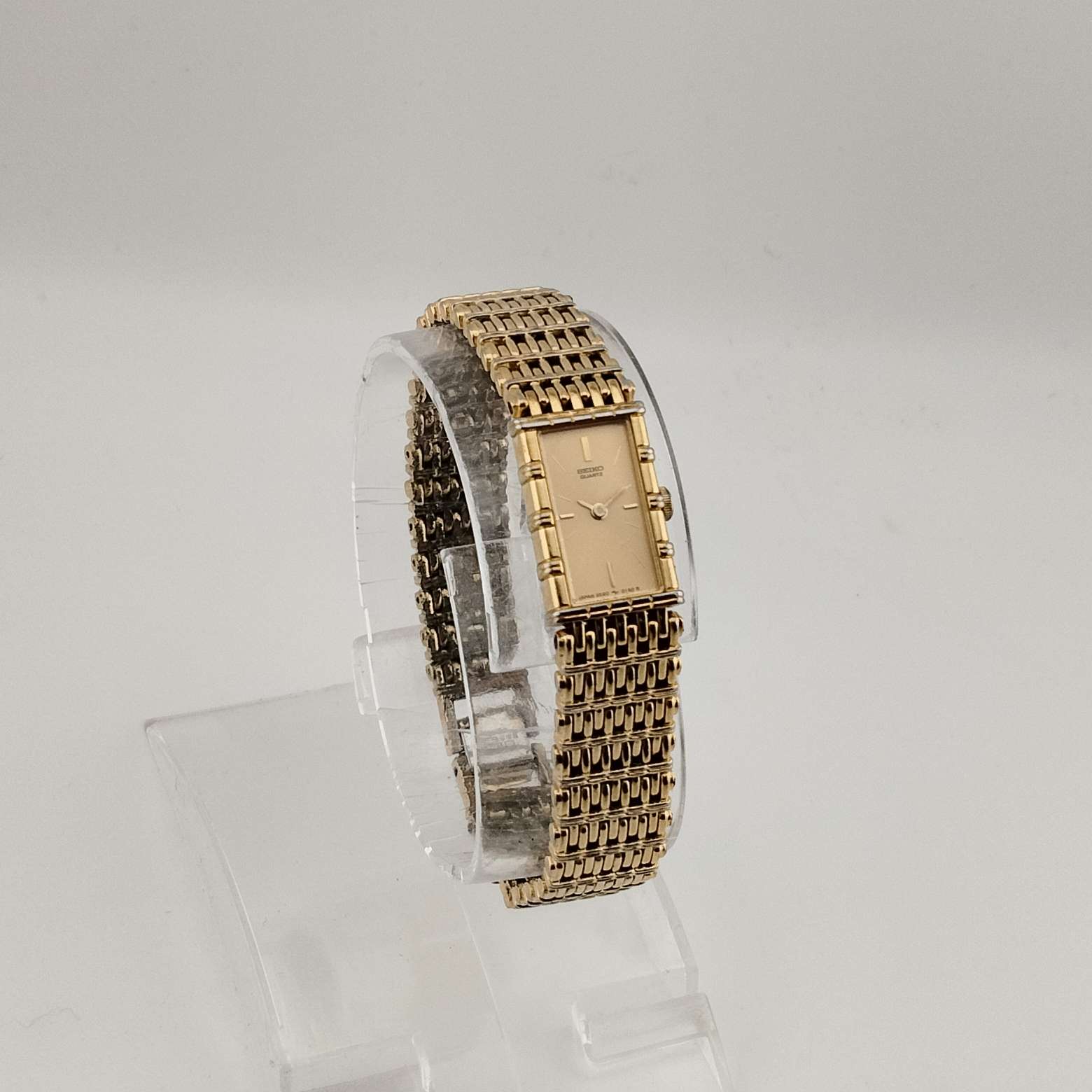 Seiko Women's All Gold Tone Watch, Elongated Rectangular Dial, Bracelet Strap