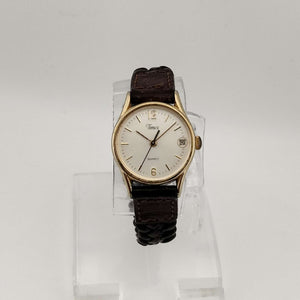 Unisex Timex Gold Tone Quartz Watch, Circular Dial, Date Window, Braided Brown Leather Strap