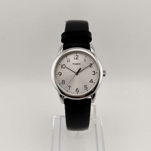 Timex Men's Silver Tone Watch, Genuine Black Leather Strap