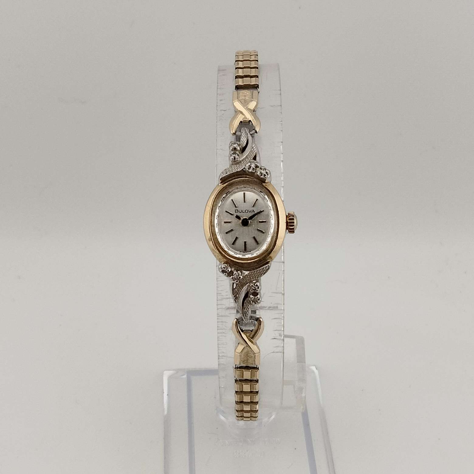 Bulova Petite Mixed Metal Watch, Oval Dial, Ornate Jeweled Bezel, Stretch Strap