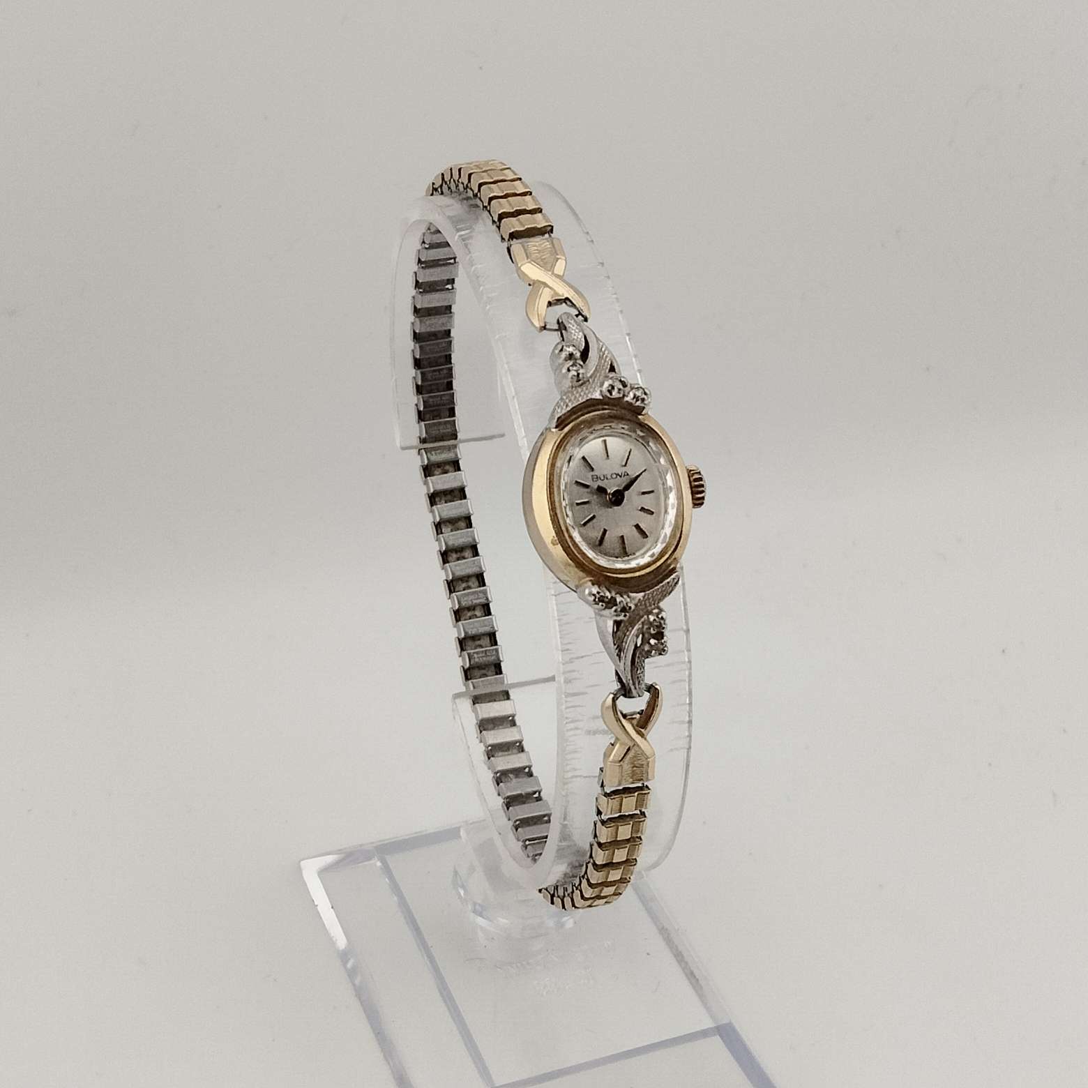 Bulova Petite Mixed Metal Watch, Oval Dial, Ornate Jeweled Bezel, Stretch Strap