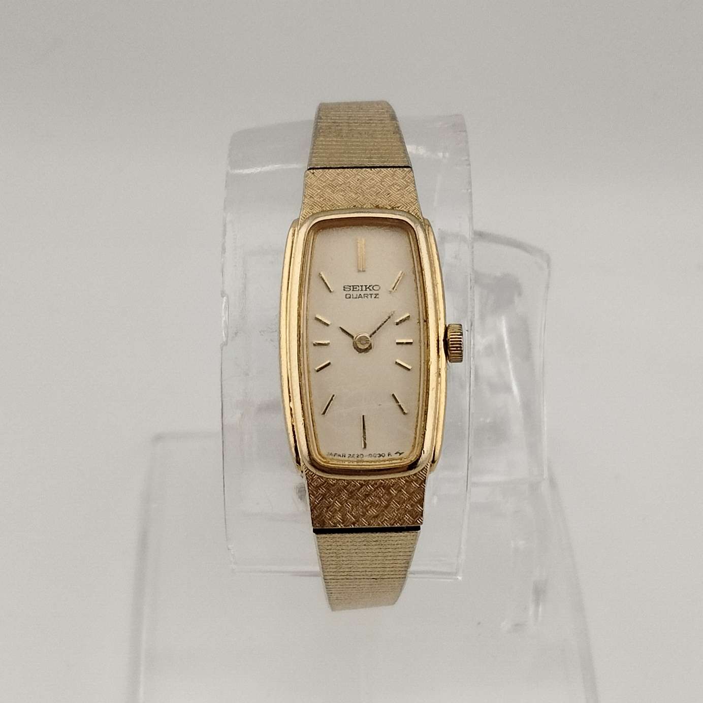 Seiko Quartz Petite Watch, All Gold Tone, Elongated Rectangle Dial with Rounded Sides, Bracelet Strap