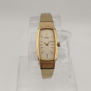 Seiko Quartz Petite Watch, All Gold Tone, Elongated Rectangle Dial with Rounded Sides, Bracelet Strap