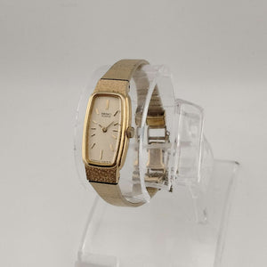 Seiko Quartz Petite Watch, All Gold Tone, Elongated Rectangle Dial with Rounded Sides, Bracelet Strap