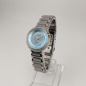 Citizen Women's Silver Tone Eco-Drive Watch, Circular Blue Mother of Pearl Dial, Jewel Tone Details, Link Strap