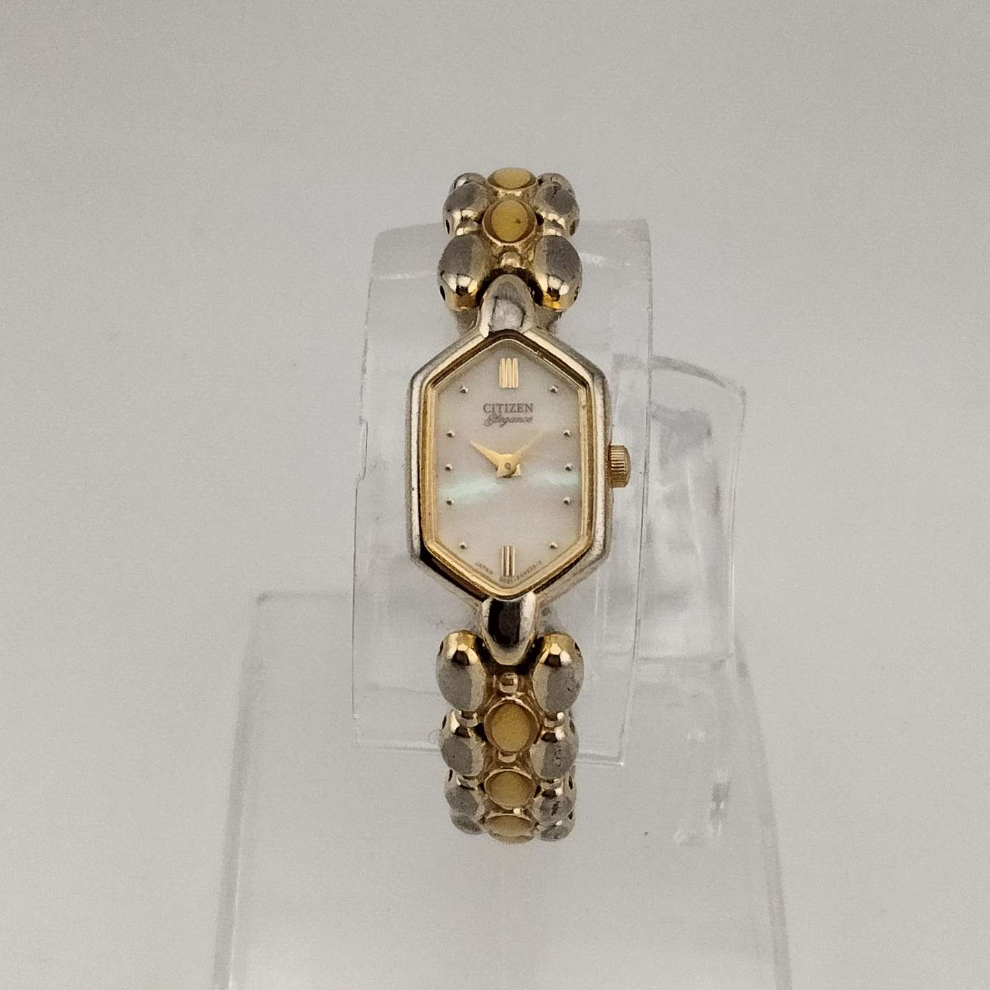 Citizen Women's Gold Tone Quartz Watch, Mother of Pearl Hexagonal Dial, Inlay Bracelet Strap