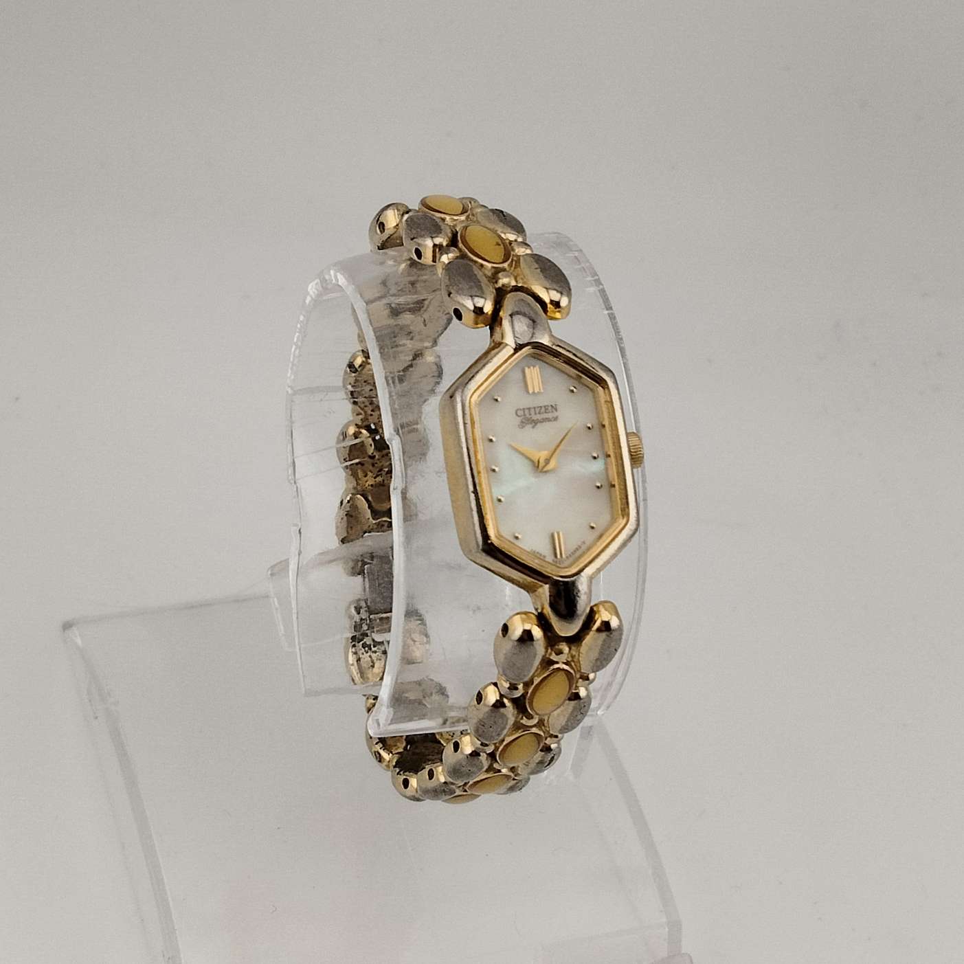 Citizen Women's Gold Tone Quartz Watch, Mother of Pearl Hexagonal Dial, Inlay Bracelet Strap