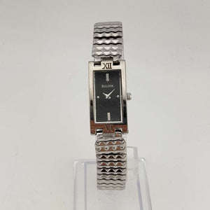 Bulova Women's Watch, Silver Tone, Minimal Black Rectangular Dial, Stretch Strap