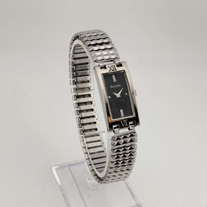 Bulova Women's Watch, Silver Tone, Minimal Black Rectangular Dial, Stretch Strap