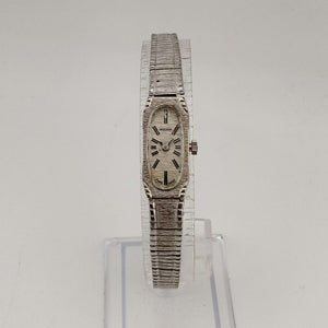 Bulova Women's  Petite Silver Tone Watch, Elongated Oval Dial, Stripe Patterning, Adjustable Bracelet Strap