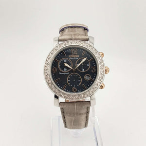 Citizen Large Silver Tone Eco-Drive Watch, Copper Accents, Chronograph Feature, Grey Genuine Leather Strap