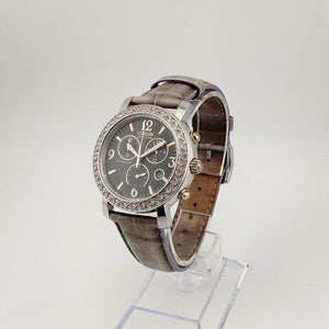 Citizen Large Silver Tone Eco-Drive Watch, Copper Accents, Chronograph Feature, Grey Genuine Leather Strap