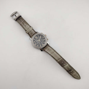 Citizen Large Silver Tone Eco-Drive Watch, Copper Accents, Chronograph Feature, Grey Genuine Leather Strap