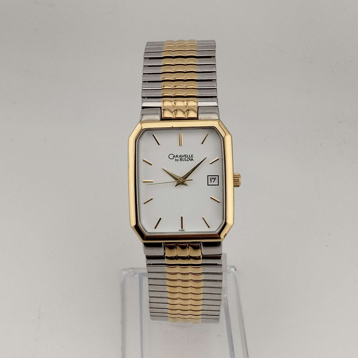 Men's Caravellle by Bulova Gold Tone Quartz Watch, White Rectangular Dial, Date Window, Stretch Strap