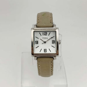 Caravelle by Bulova Women's Watch,  Silver Tone Square Dial, Beige Genuine Leather Strap