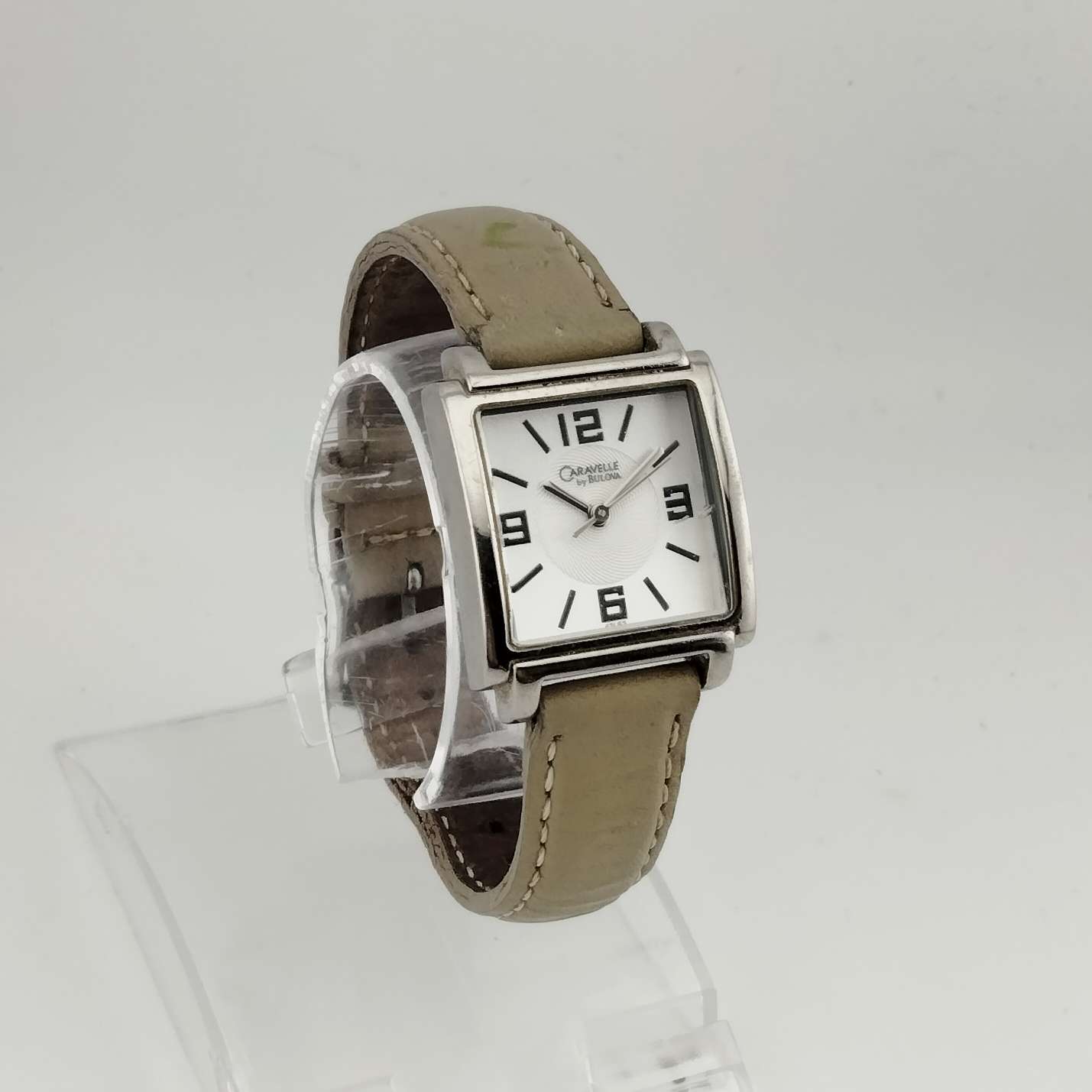 Caravelle by Bulova Women's Watch,  Silver Tone Square Dial, Beige Genuine Leather Strap