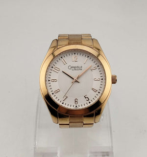 Caravelle by Bulova Men's Large Gold Tone Watch, White Round Dial, Bracelet Strap