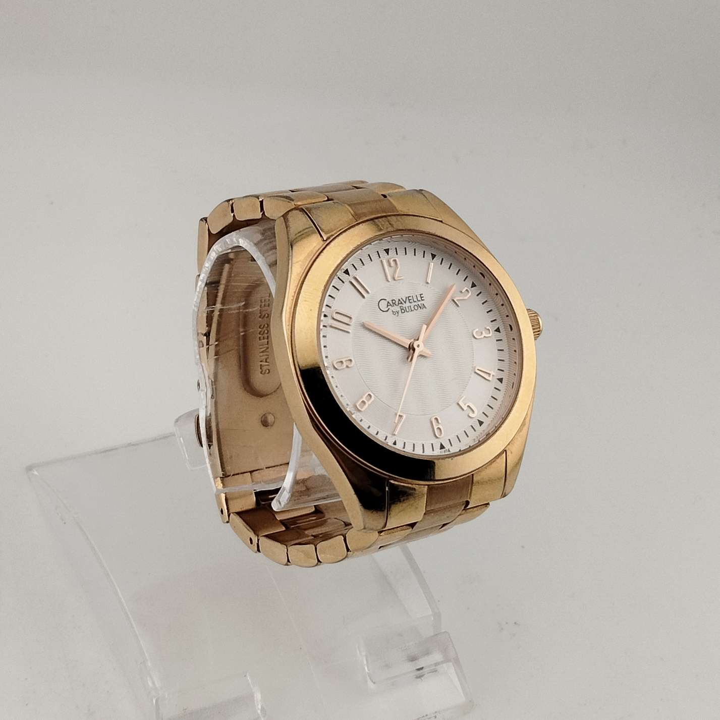 Caravelle by Bulova Men's Large Gold Tone Watch, White Round Dial, Bracelet Strap