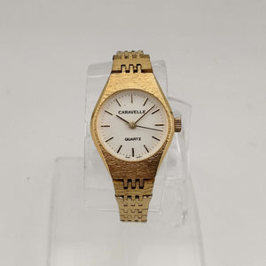 Caravelle by Bulova Women's Gold Tone Quartz Watch, White Round Dial, Bracelet Strap