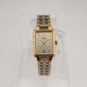 Seiko Women's All Gold Tone Watch, Rectangular Dial, Stylistic Font Detail, Link Strap