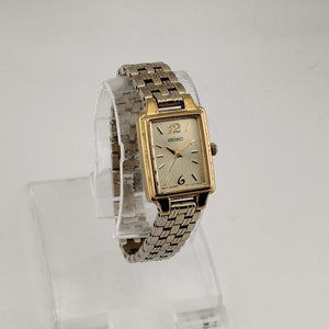 Seiko Women's All Gold Tone Watch, Rectangular Dial, Stylistic Font Detail, Link Strap