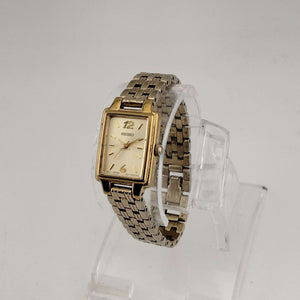 Seiko Women's All Gold Tone Watch, Rectangular Dial, Stylistic Font Detail, Link Strap