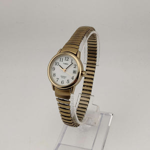 Timex Men's Gold Tone "Indiglo" Watch, White Round Dial, Stretch Strap