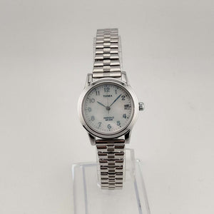 Timex Women's Silver Tone "Indiglo" Watch, Round Mother of Pearl Dial, Date Window, Stretch Strap