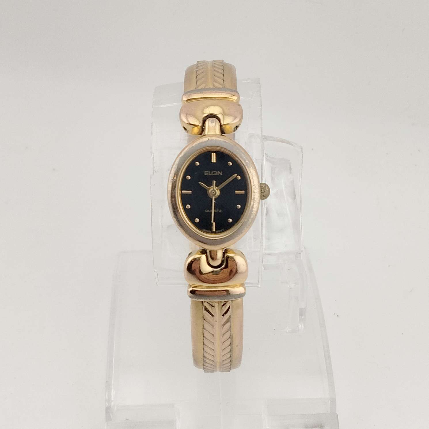 Elgin Women's Gold Tone Quartz Watch, Black Oval Dial, Bracelet Strap