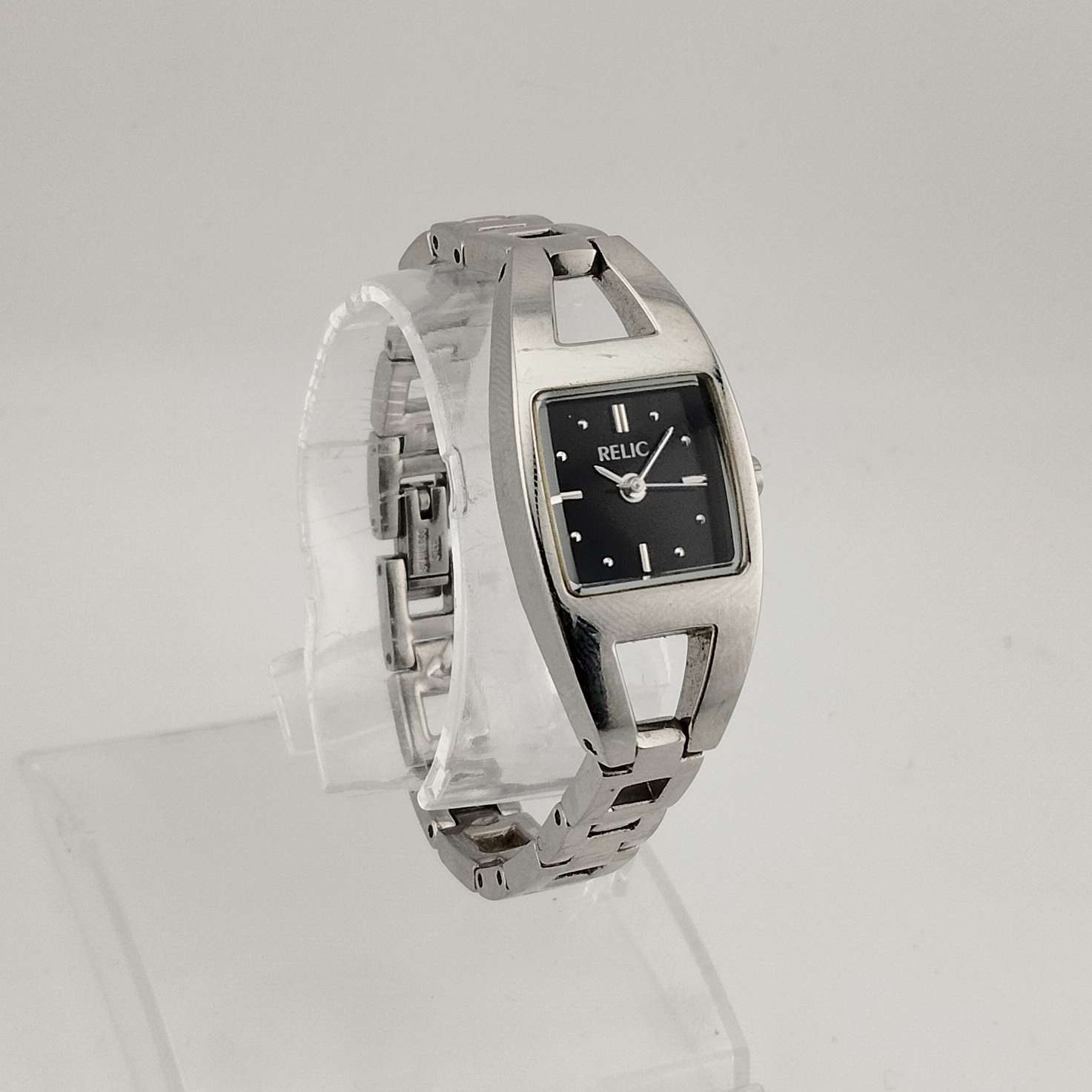 Relic Women's Silver Tone Watch, Black Square Dial, Link Strap