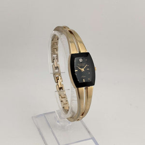 Armitron Women's Silver Gold Watch, Black Rectangular Dial with Rounded Sides, Jewel Detail, Bracelet Strap