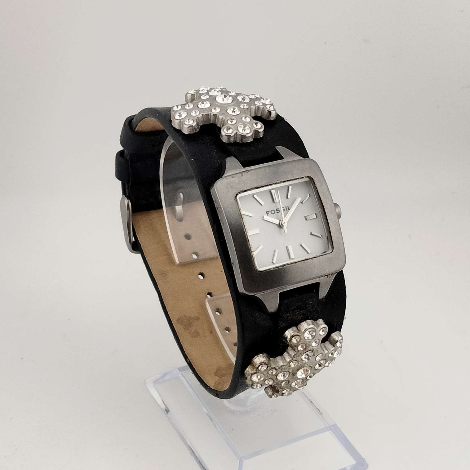 Fossil Women's Silver Tone Watch, White Square Dial, Large Jeweled Cross Detail, Wide Genuine Black Leather Strap