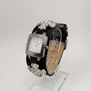 Fossil Women's Silver Tone Watch, White Square Dial, Large Jeweled Cross Detail, Wide Genuine Black Leather Strap