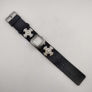 Fossil Women's Silver Tone Watch, White Square Dial, Large Jeweled Cross Detail, Wide Genuine Black Leather Strap