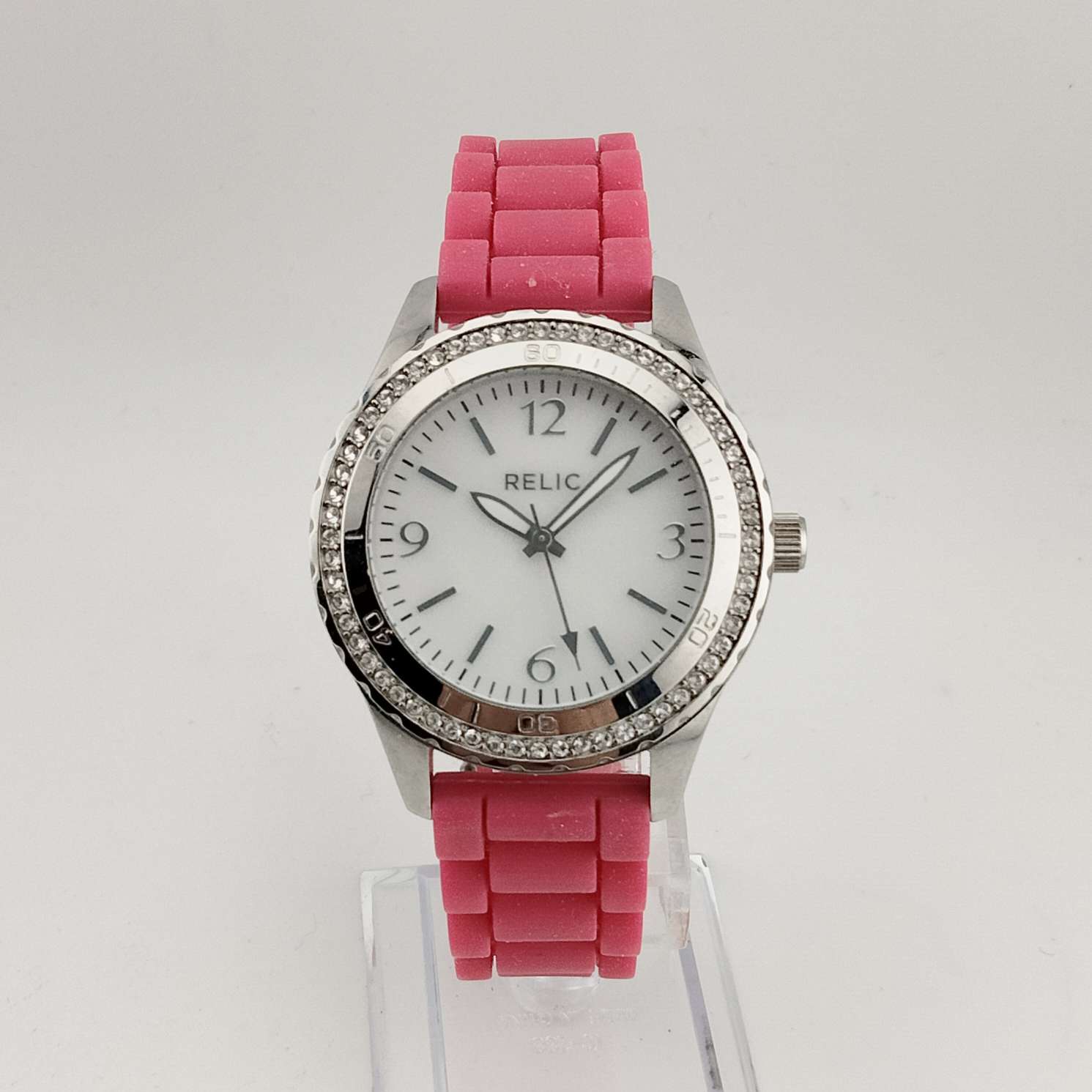 Relic Women's Silver Tone Watch, Round Dial, Jewel Details, Pink Rubber Adjustable Strap