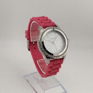 Relic Women's Silver Tone Watch, Round Dial, Jewel Details, Pink Rubber Adjustable Strap