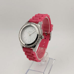 Relic Women's Silver Tone Watch, Round Dial, Jewel Details, Pink Rubber Adjustable Strap