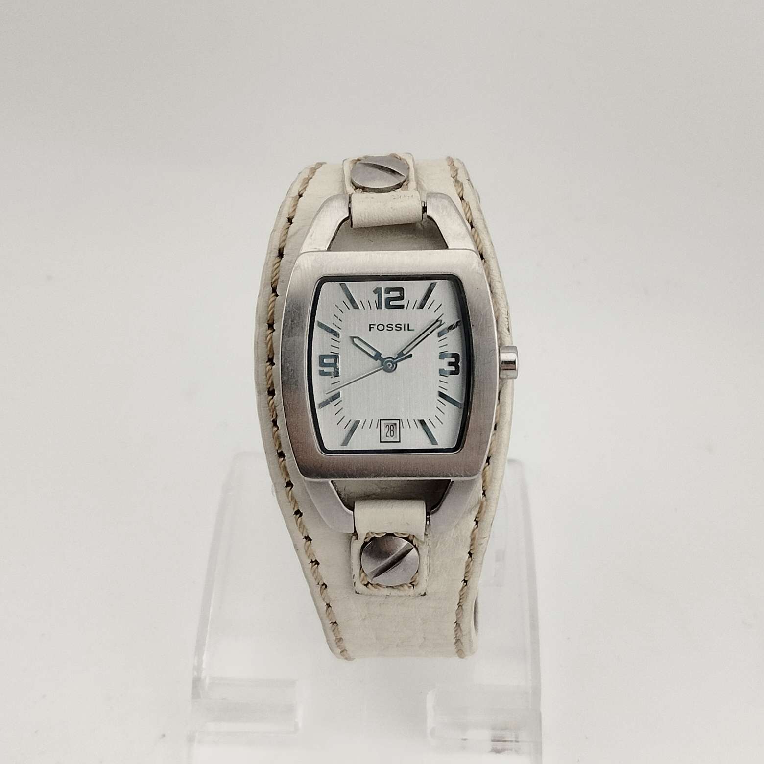 Fossil Women's Silver Tone Watch, Rectangle Dial with Rounded Sides, Date Window, Genuine White Leather Strap