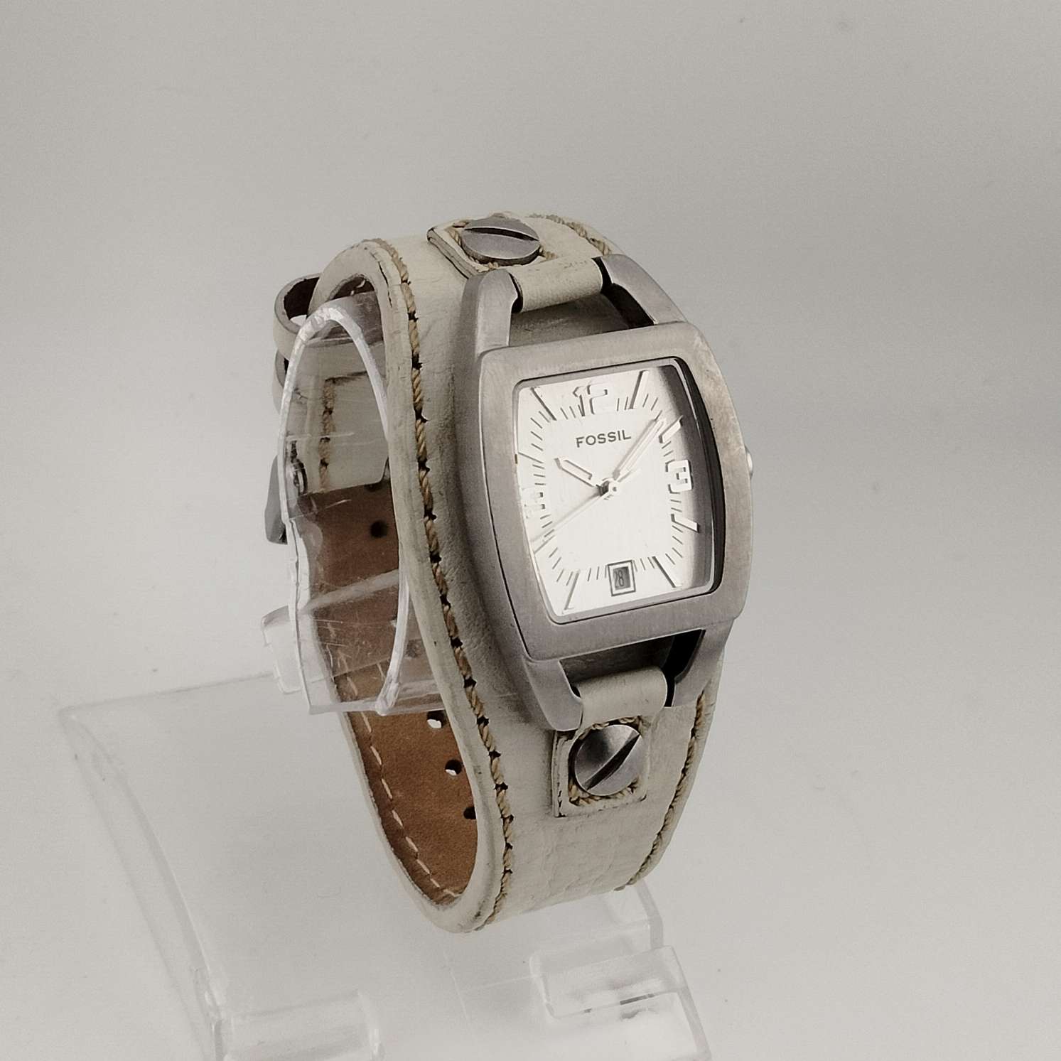 Fossil Women's Silver Tone Watch, Rectangle Dial with Rounded Sides, Date Window, Genuine White Leather Strap