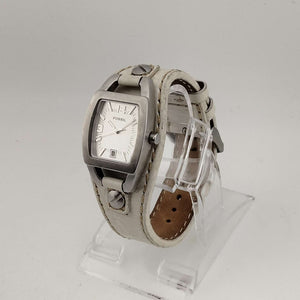 Fossil Women's Silver Tone Watch, Rectangle Dial with Rounded Sides, Date Window, Genuine White Leather Strap