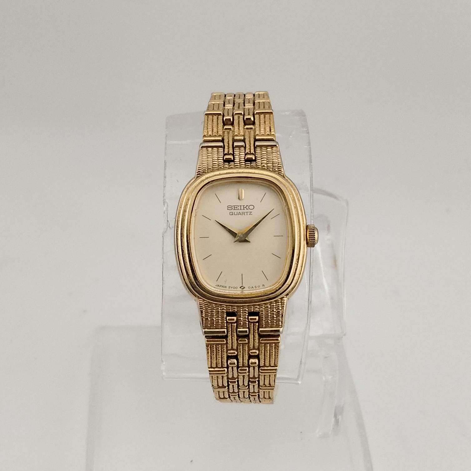 Seiko Women's All Gold Tone Quartz Watch, Oval Dial, Woven Style Bracelet Strap