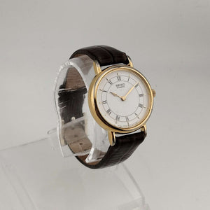 Seiko Unisex Gold Tone Quartz Watch, Round White Dial, Brown Genuine Leather Strap