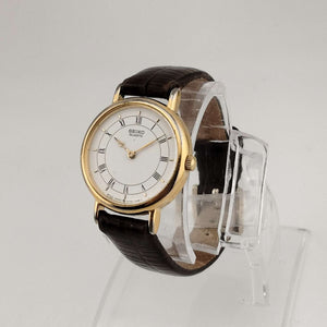 Seiko Unisex Gold Tone Quartz Watch, Round White Dial, Brown Genuine Leather Strap