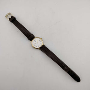 Seiko Unisex Gold Tone Quartz Watch, Round White Dial, Brown Genuine Leather Strap