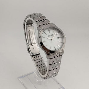 Pulsar Men's Silver Tone Watch, Round Mother of Pearl Dial, Date Window, Bracelet Strap