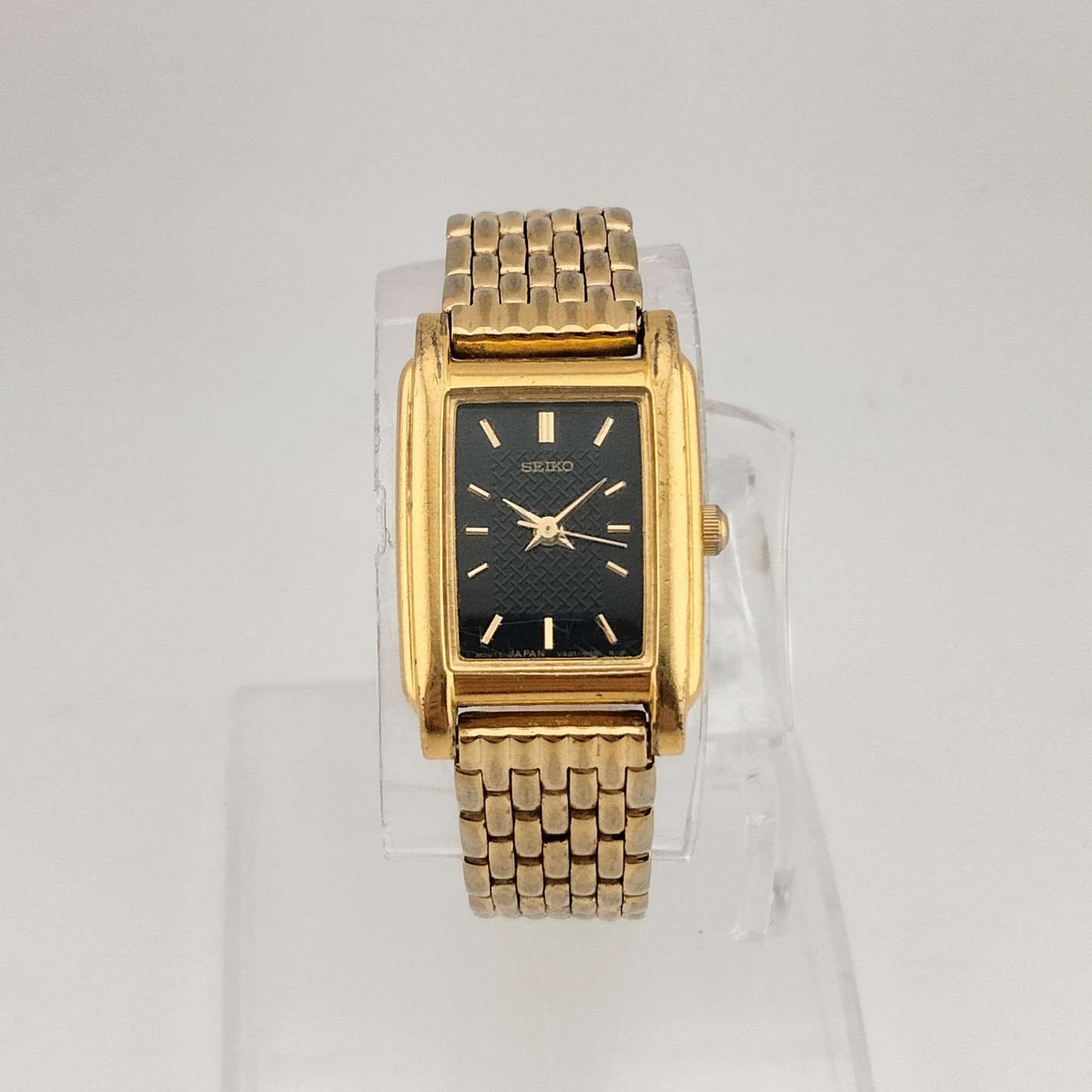 Seiko Women's Gold Tone Watch, Black Rectangular Dial, Thick Bezel Detail, Bracelet Strap